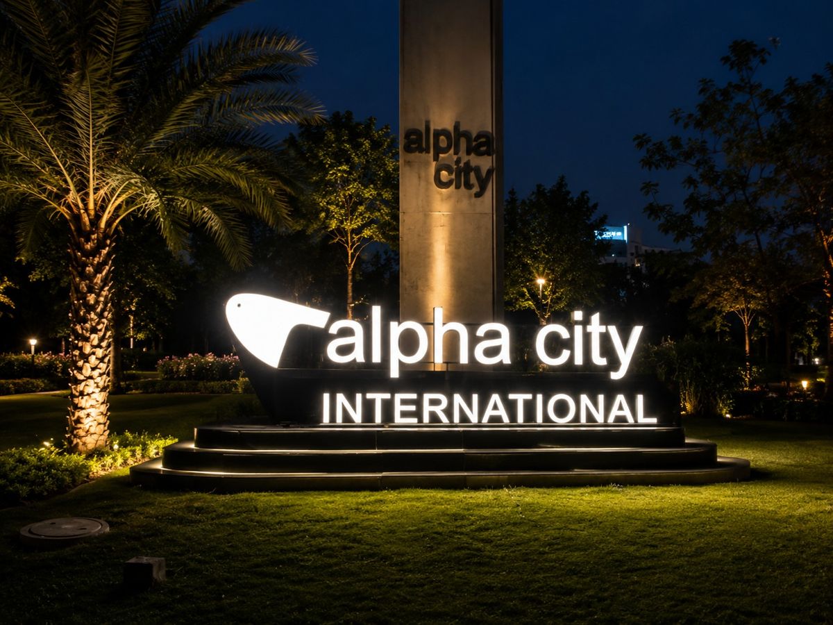 Alpha City International illuminated monument sign in landscaped entrance