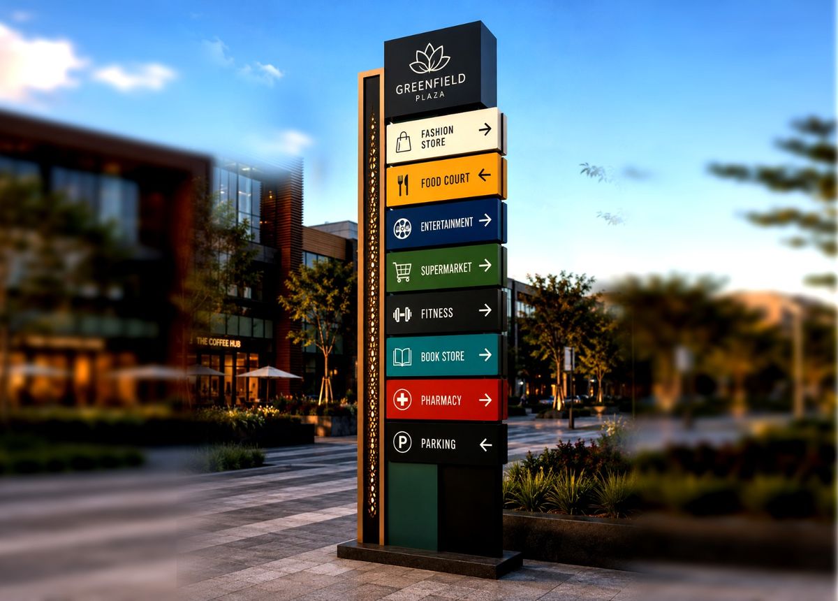 Greenfield Plaza wayfinding pylon with colour-coded directional panels